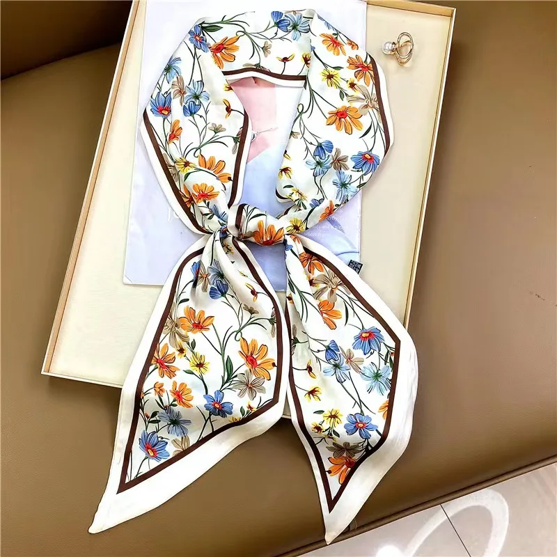 Fashion Bevel Print Hair Ribbon Silk Scarf Women Neck Tie Bag Scarfs Satin Silk Skinny Headscarves Ladies Headband Foulard Gift