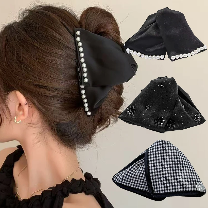Large Rhinestones Bow Hair Claw Crab Elegant Pearls Hairpins Women Girls Sweet Hair Ornament Hair Clips Fashion Hair Accessories