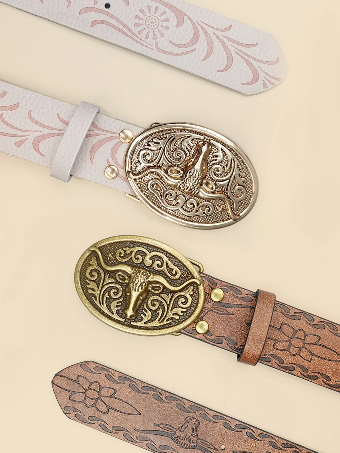 Western Cowboy Style Vintage Casual Belt - Ox Head Carved Buckle & Bohemian Print, Perfect for Daily Commute & Dating Outfits