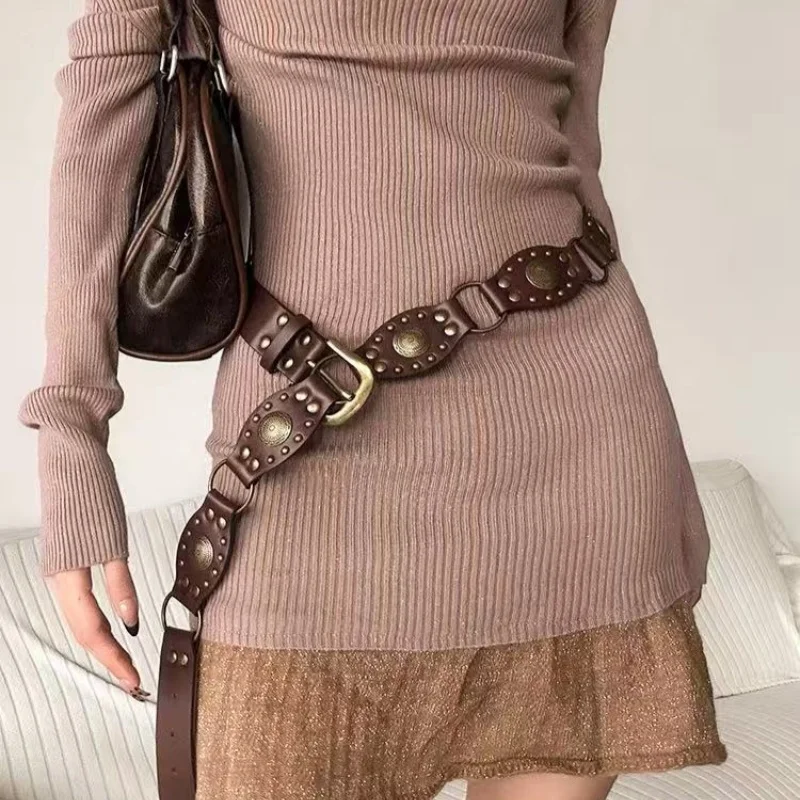 Mirad Retro Rivet Women's Belt Versatile Ethnic Style Dress Pants Belt Millennium Spicy Girl Design Belt