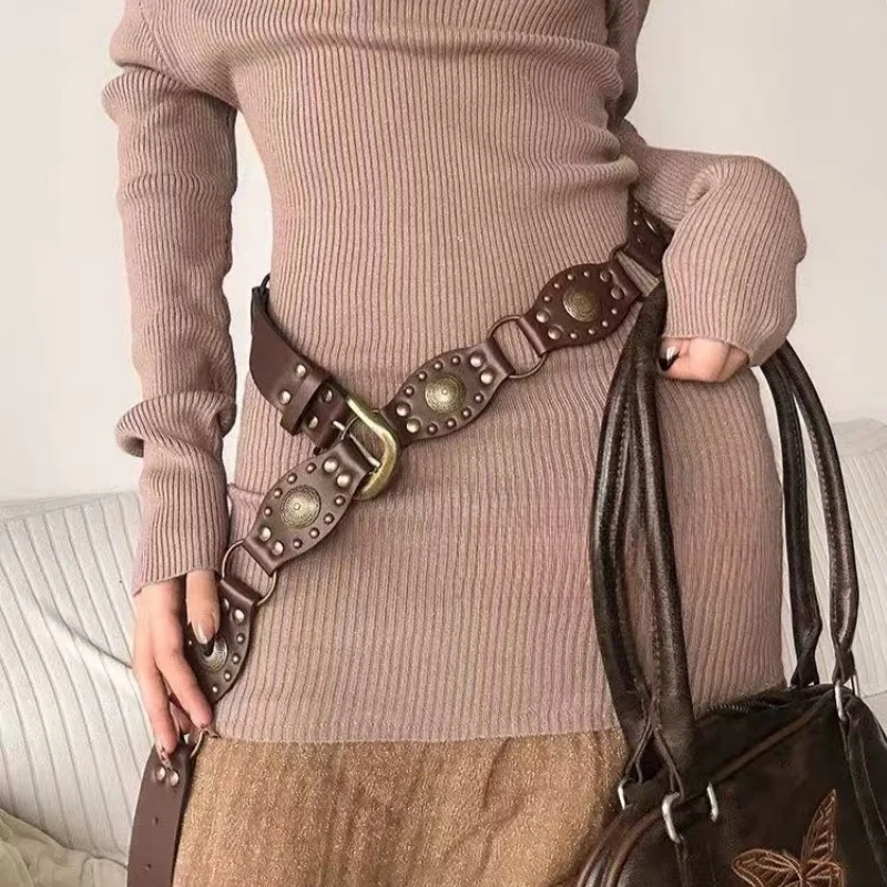 Mirad Retro Rivet Women's Belt Versatile Ethnic Style Dress Pants Belt Millennium Spicy Girl Design Belt