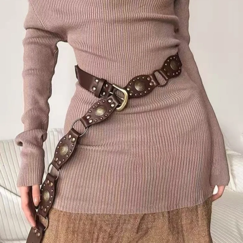 Mirad Retro Rivet Women's Belt Versatile Ethnic Style Dress Pants Belt Millennium Spicy Girl Design Belt