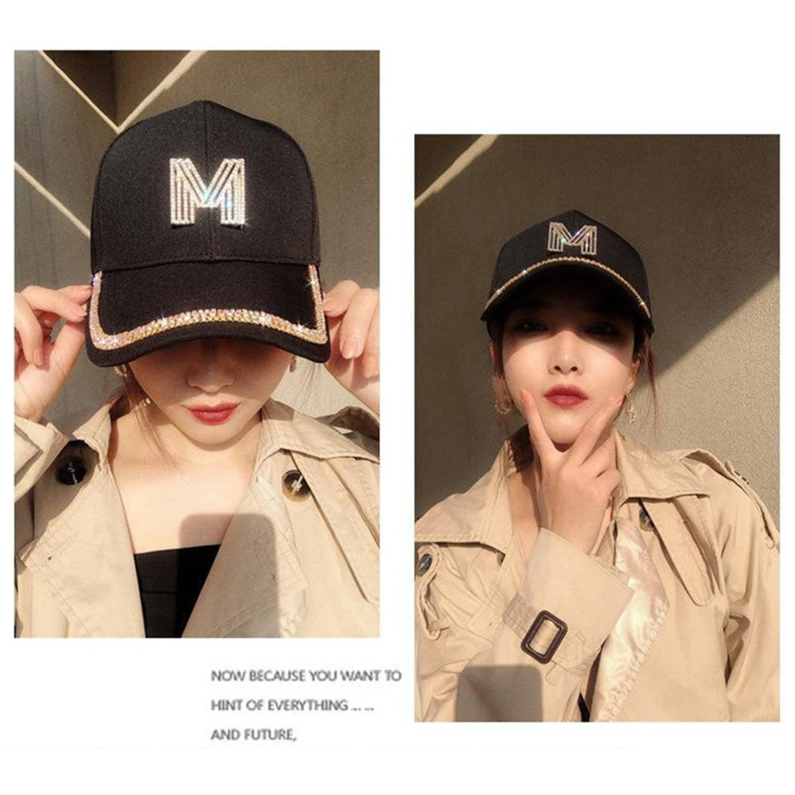 Female Baseball Cap Letter M&d Rhinestones Korean Version Of Female Leisure Hat Outdoor Sports Motorcycle Cap Street Wind Visor