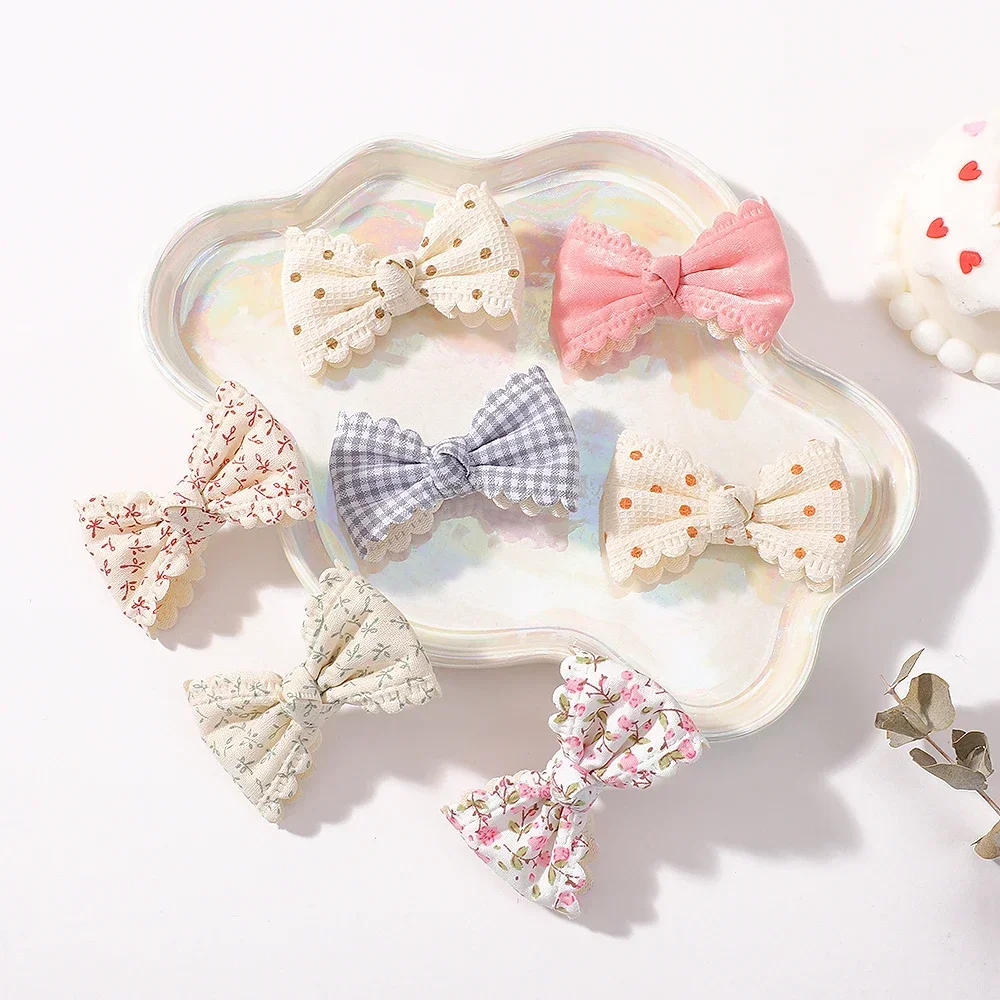 2/6pcs Sweet Flower Print Hair Bow Clips for Baby Girls Lace Side Pastoral Cotton Hairpin Barrettes Headwear Hair Accessories