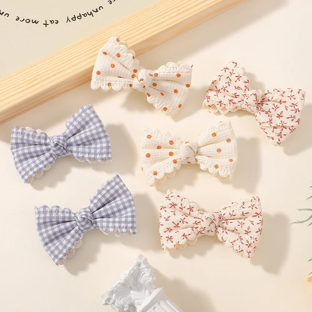 2/6pcs Sweet Flower Print Hair Bow Clips for Baby Girls Lace Side Pastoral Cotton Hairpin Barrettes Headwear Hair Accessories
