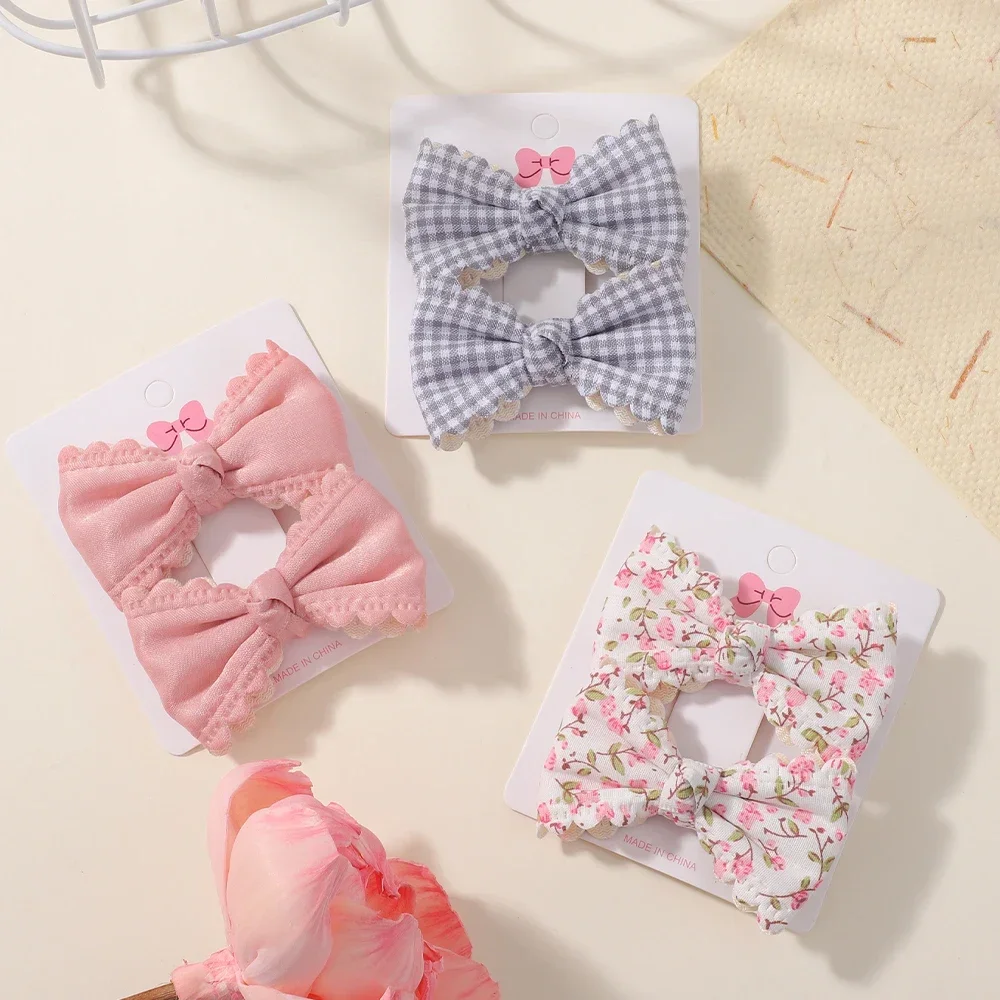 2/6pcs Sweet Flower Print Hair Bow Clips for Baby Girls Lace Side Pastoral Cotton Hairpin Barrettes Headwear Hair Accessories