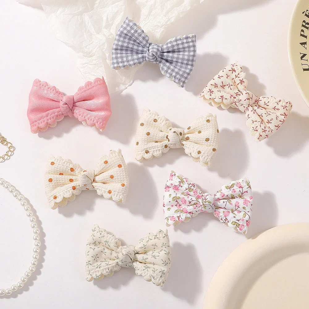2/6pcs Sweet Flower Print Hair Bow Clips for Baby Girls Lace Side Pastoral Cotton Hairpin Barrettes Headwear Hair Accessories