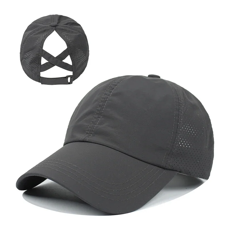 Women Men Baseball Caps Summer Solid Color Golf Wear Sport Leisure Cross Ponytail Hat Mesh Quick-Drying Half-Hollow Peaked Cap