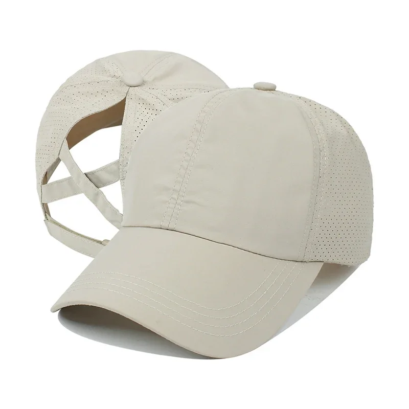 Women Men Baseball Caps Summer Solid Color Golf Wear Sport Leisure Cross Ponytail Hat Mesh Quick-Drying Half-Hollow Peaked Cap