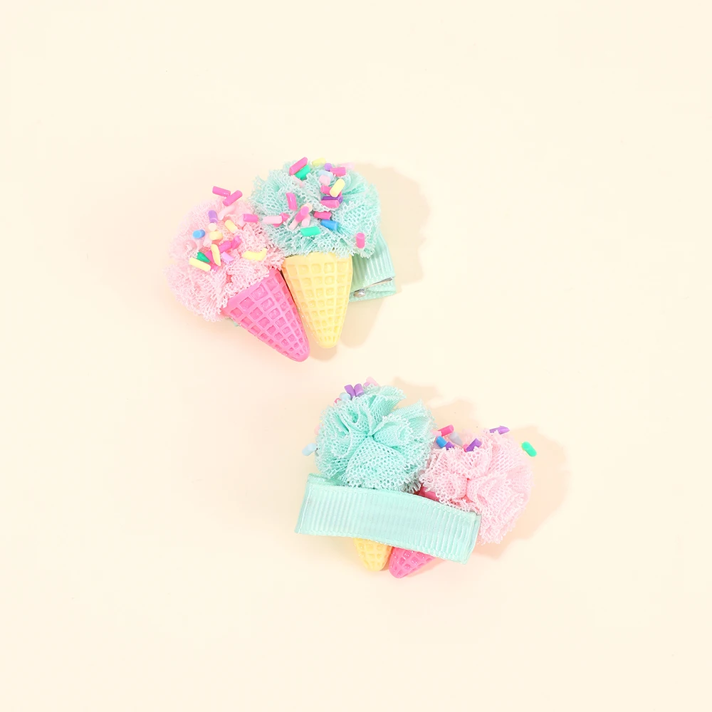 2Pcs Ice Cream Cone Hair Clips Sweet Pink Simulated Ice Cream Hairpins For Baby Girls Children Cute Headdress Hair Accessories