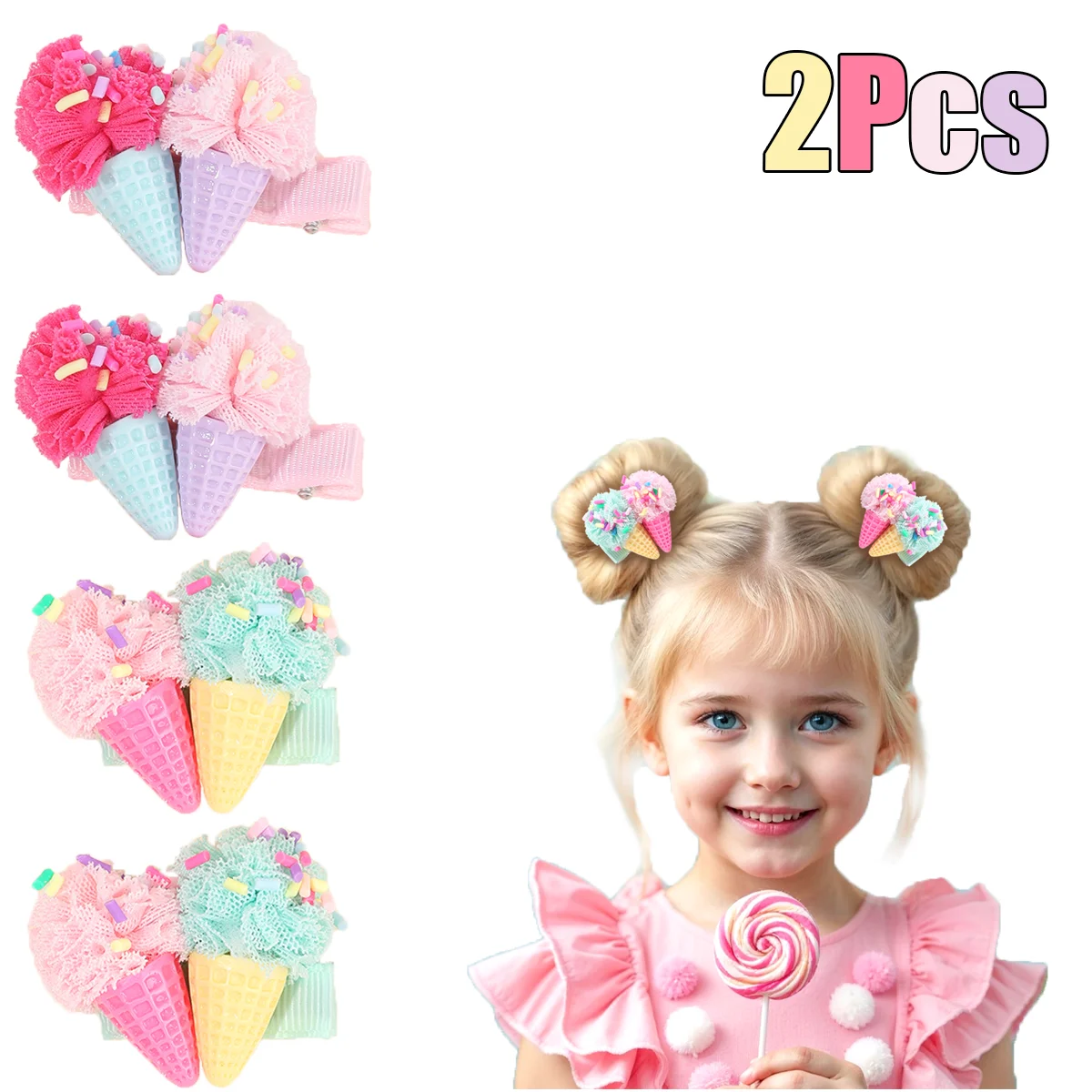 2Pcs Ice Cream Cone Hair Clips Sweet Pink Simulated Ice Cream Hairpins For Baby Girls Children Cute Headdress Hair Accessories