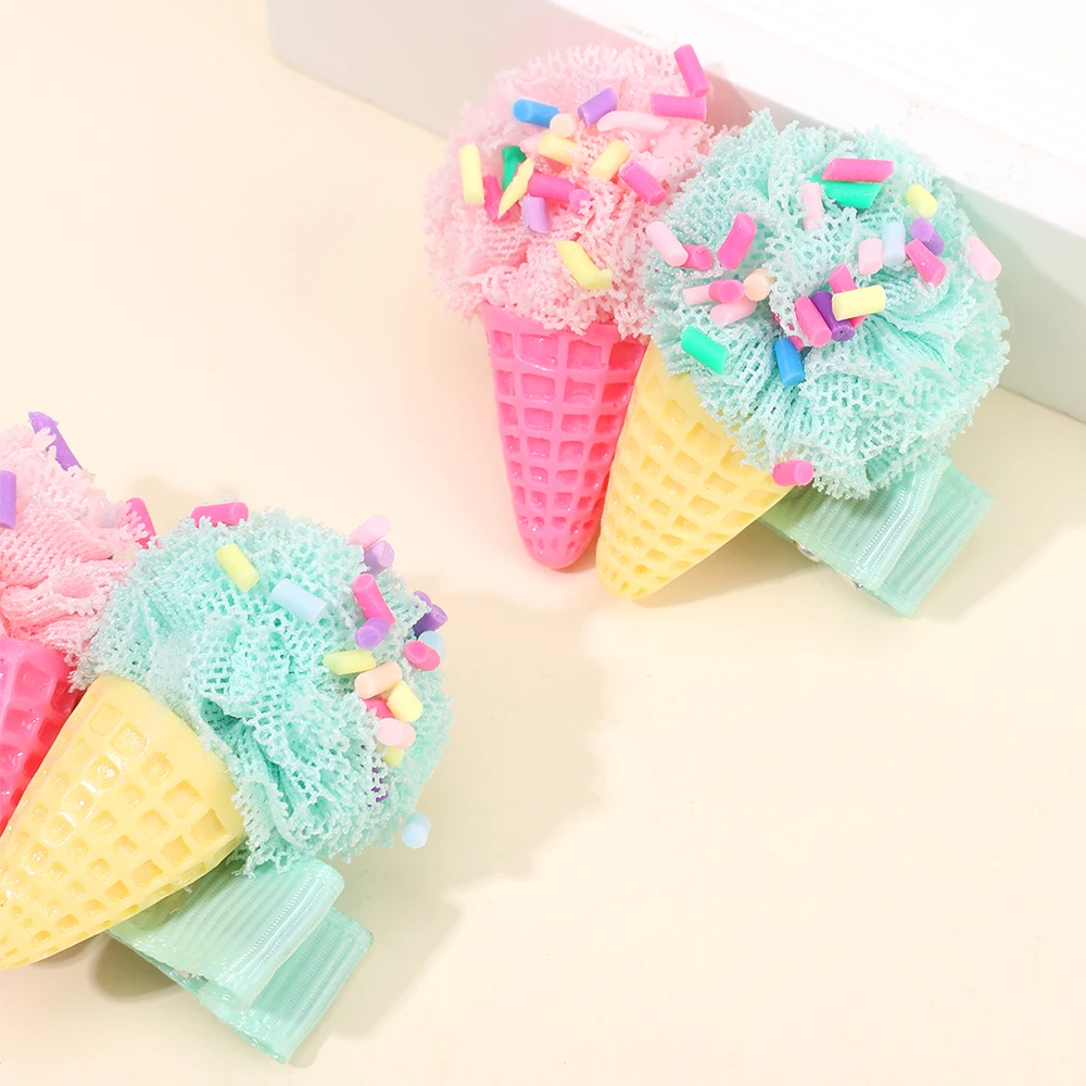 2Pcs Ice Cream Cone Hair Clips Sweet Pink Simulated Ice Cream Hairpins For Baby Girls Children Cute Headdress Hair Accessories
