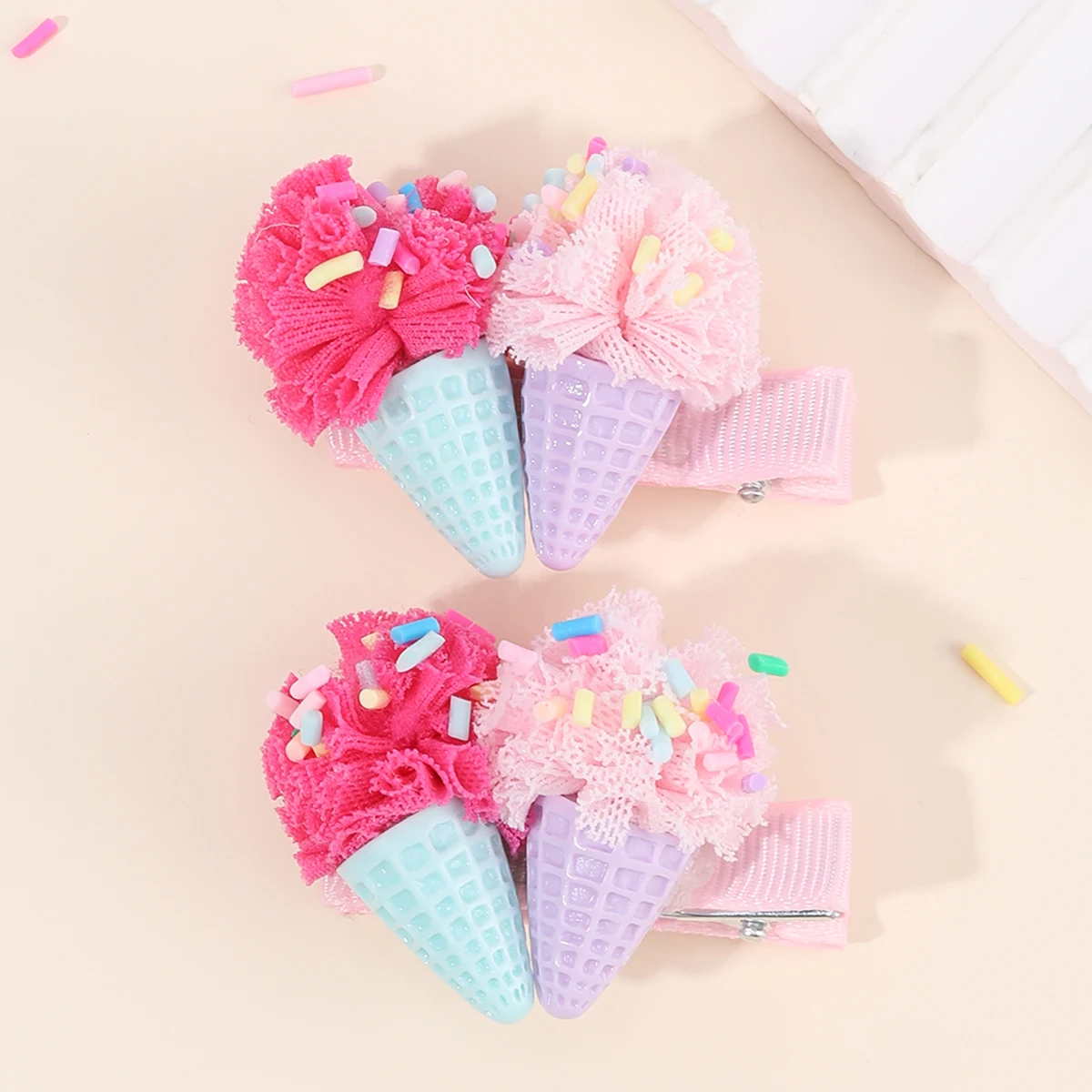 2Pcs Ice Cream Cone Hair Clips Sweet Pink Simulated Ice Cream Hairpins For Baby Girls Children Cute Headdress Hair Accessories