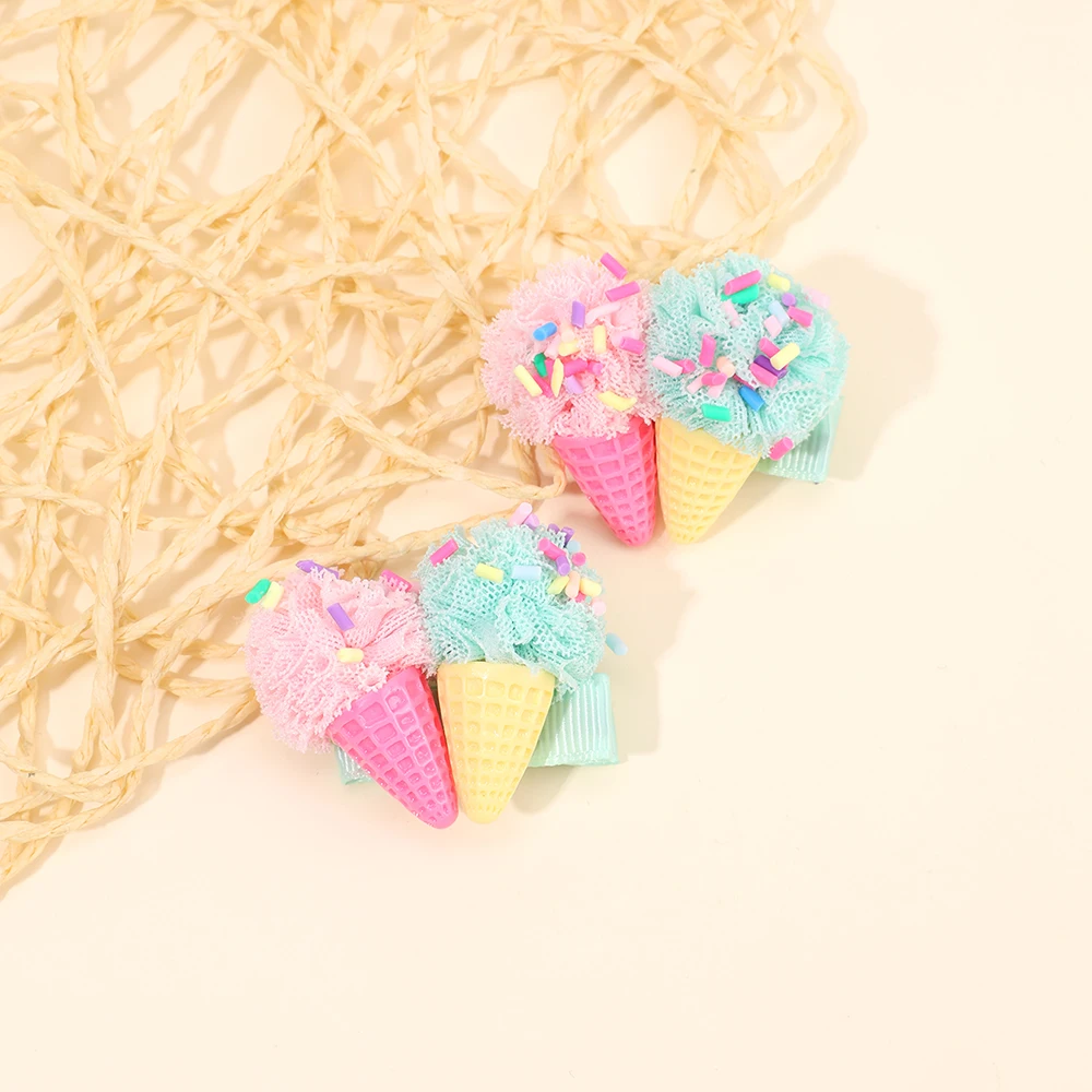 2Pcs Ice Cream Cone Hair Clips Sweet Pink Simulated Ice Cream Hairpins For Baby Girls Children Cute Headdress Hair Accessories