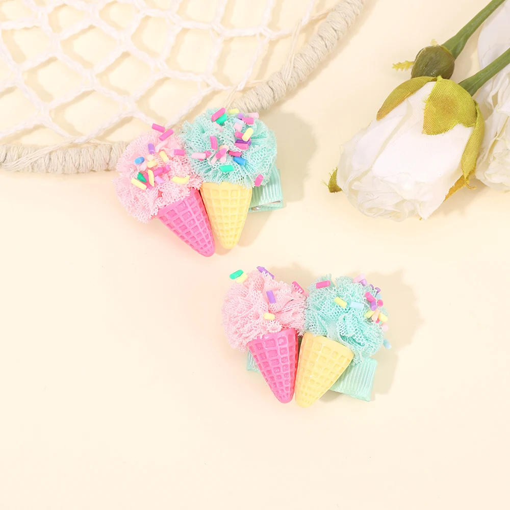 2Pcs Ice Cream Cone Hair Clips Sweet Pink Simulated Ice Cream Hairpins For Baby Girls Children Cute Headdress Hair Accessories