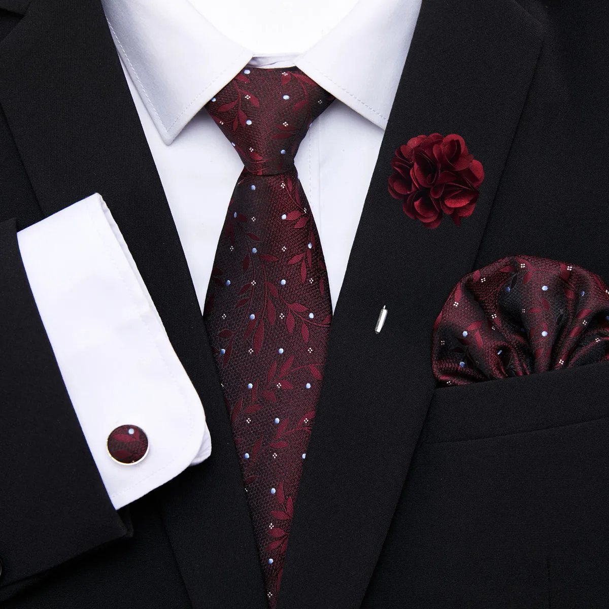 Great Quality Pink Floral Bow Tie Pocket Squares Cufflink Brooch Clip Pin Set Man Necktie Suit Accessories Birthday Gift