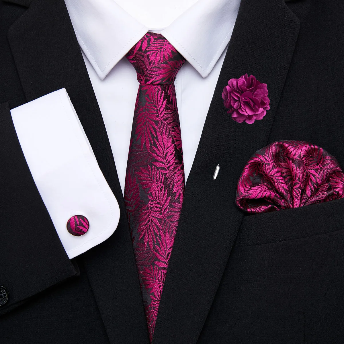 Great Quality Pink Floral Bow Tie Pocket Squares Cufflink Brooch Clip Pin Set Man Necktie Suit Accessories Birthday Gift