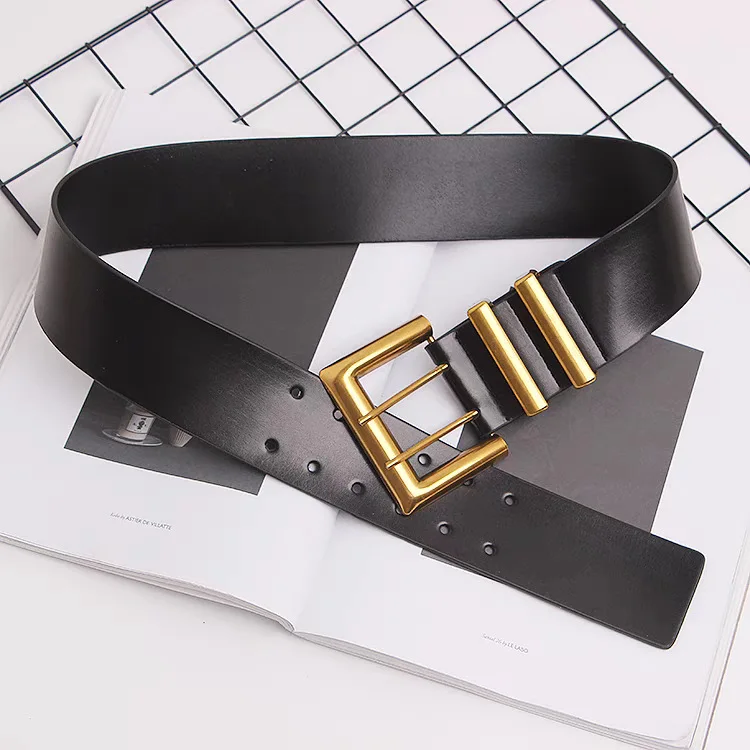 5.8cm Ultra Wide Belts for Woman Heavy Black PU Band Gold Color Buckle Belts Apparel Accessories
