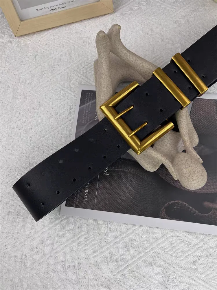 5.8cm Ultra Wide Belts for Woman Heavy Black PU Band Gold Color Buckle Belts Apparel Accessories