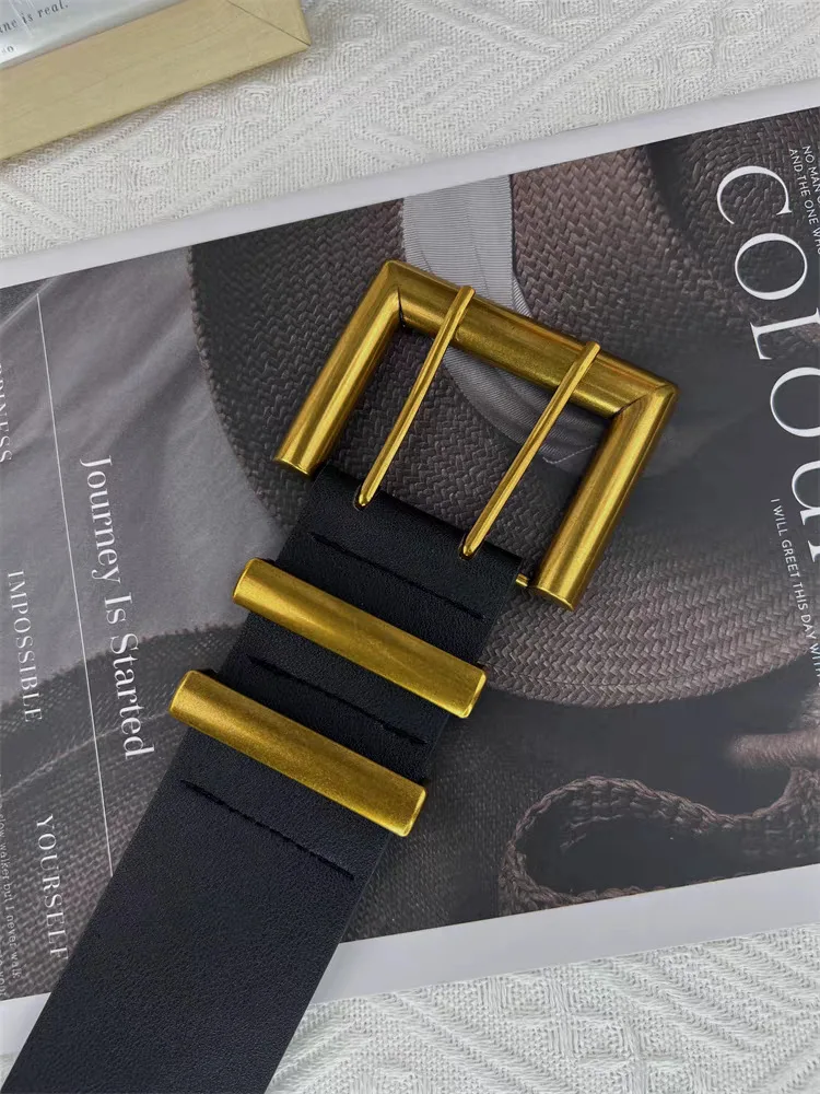 5.8cm Ultra Wide Belts for Woman Heavy Black PU Band Gold Color Buckle Belts Apparel Accessories
