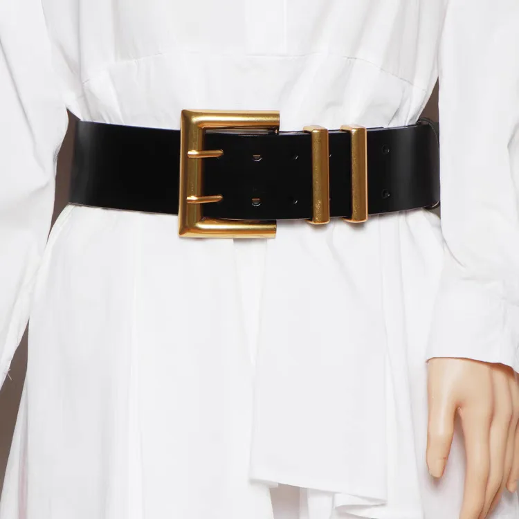 5.8cm Ultra Wide Belts for Woman Heavy Black PU Band Gold Color Buckle Belts Apparel Accessories