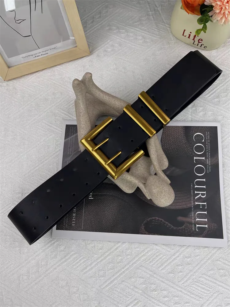 5.8cm Ultra Wide Belts for Woman Heavy Black PU Band Gold Color Buckle Belts Apparel Accessories