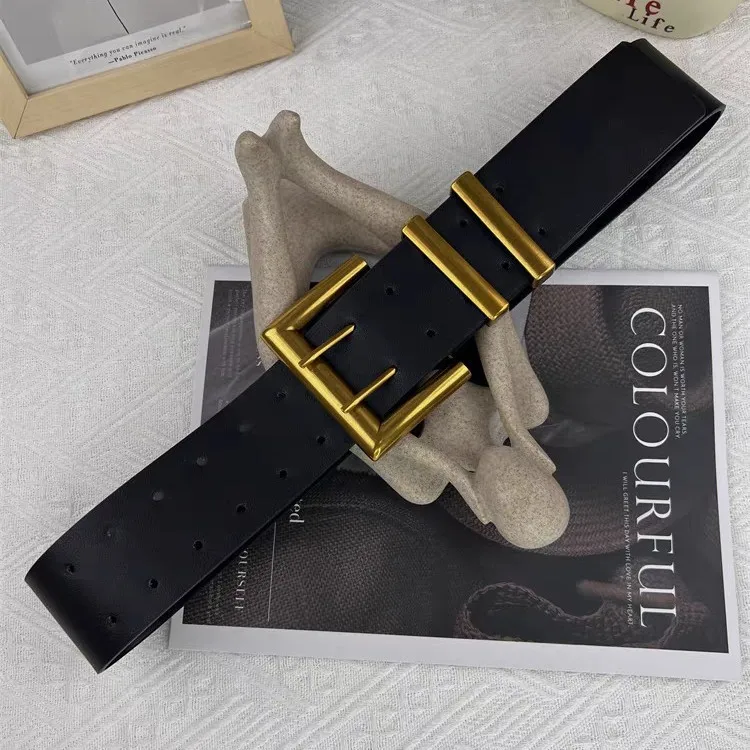 5.8cm Ultra Wide Belts for Woman Heavy Black PU Band Gold Color Buckle Belts Apparel Accessories