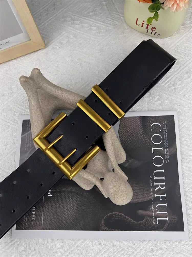 5.8cm Ultra Wide Belts for Woman Heavy Black PU Band Gold Color Buckle Belts Apparel Accessories