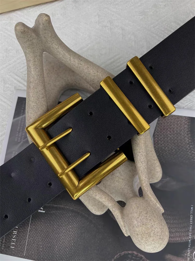 5.8cm Ultra Wide Belts for Woman Heavy Black PU Band Gold Color Buckle Belts Apparel Accessories