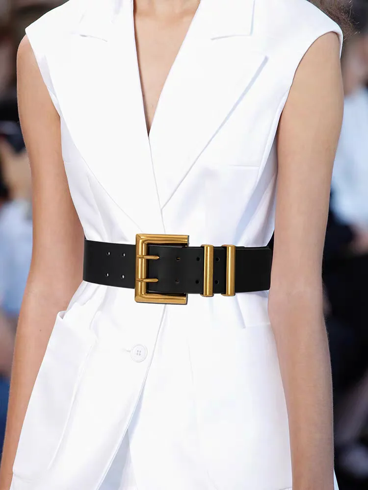 5.8cm Ultra Wide Belts for Woman Heavy Black PU Band Gold Color Buckle Belts Apparel Accessories