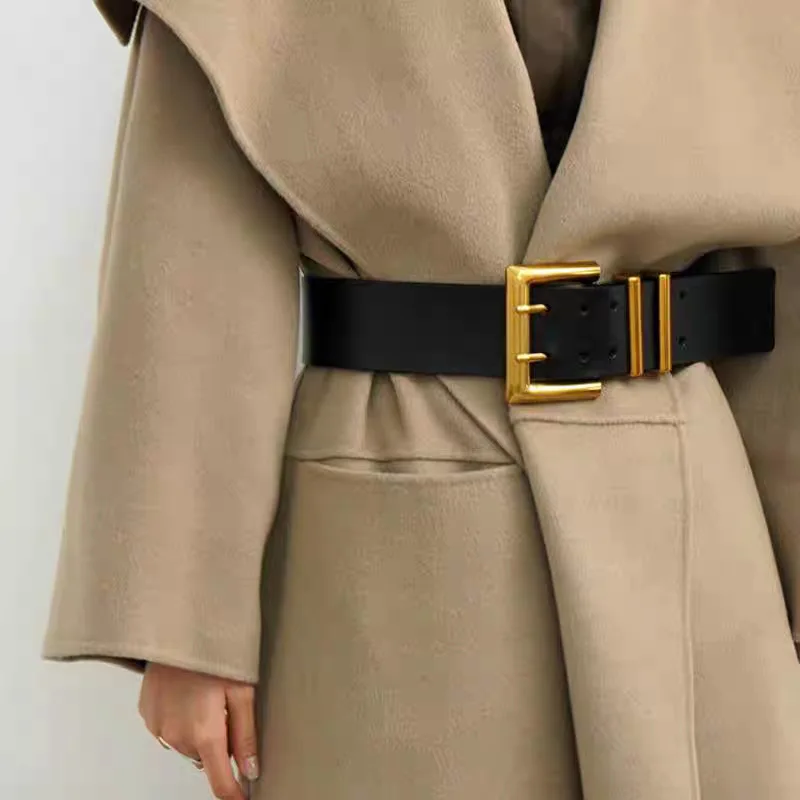 5.8cm Ultra Wide Belts for Woman Heavy Black PU Band Gold Color Buckle Belts Apparel Accessories