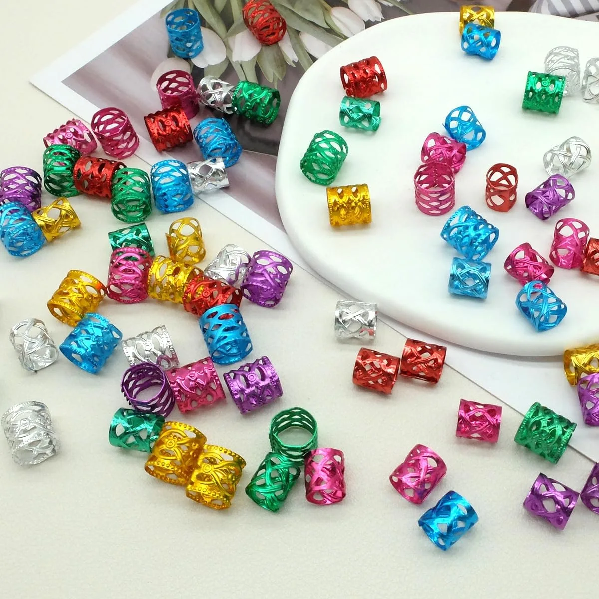 100PCS Multicolor Rings, Hair Jewelry for Dreadlocks Beads for Women and Girls, Braids Hair Decorations Colorful Aluminum Ring