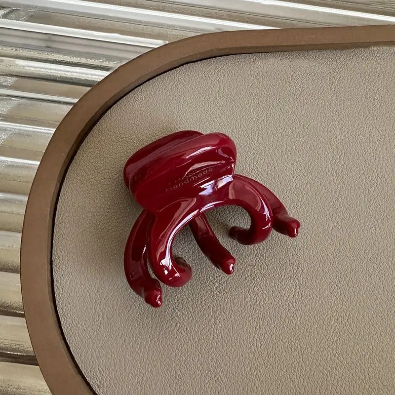 1pc New 4mm Thick Korean Ins High Ponytail Medium Grip Clip with Chinese Red France Gold Label Octopus Premium Hair Clip
