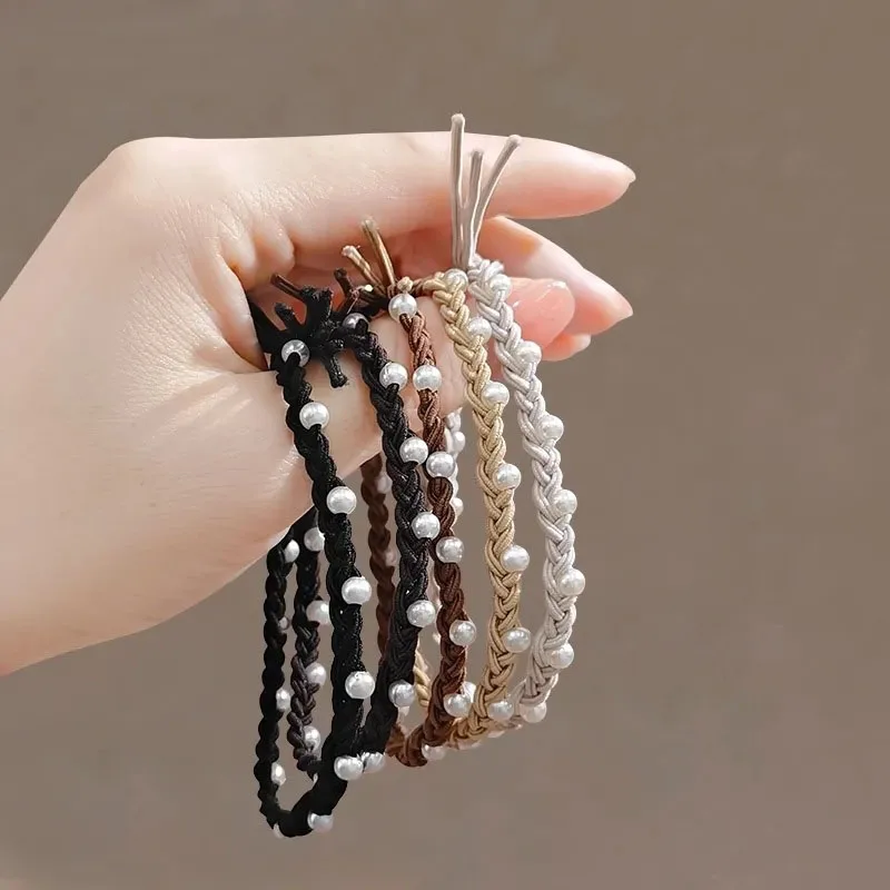 5PC Khaki Colorful Pearl Hair Ties for Women Elastic Simple Elegant High-End Feeling Hair Ties For Women