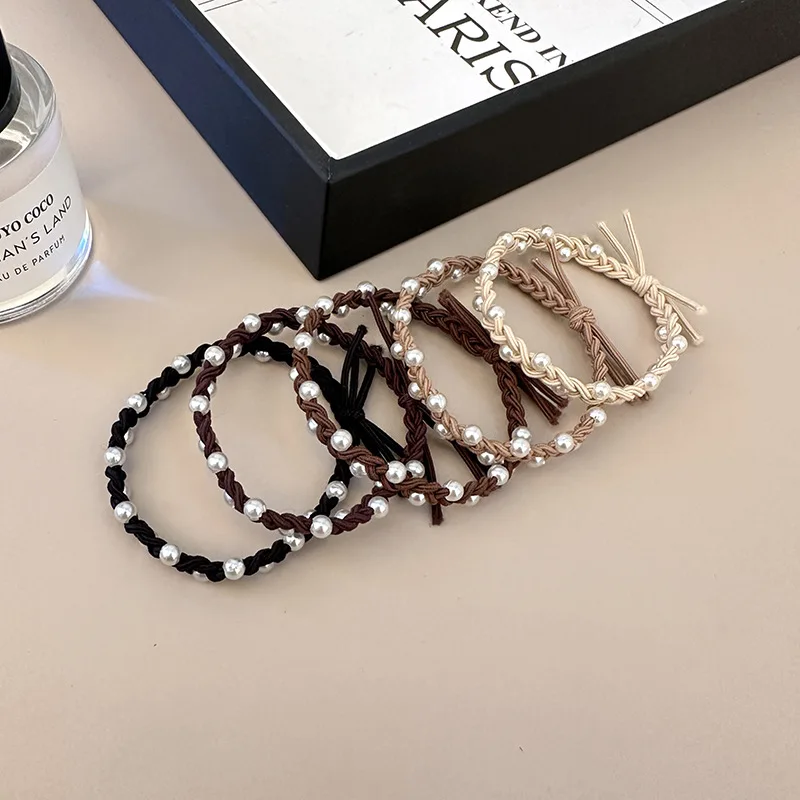 5PC Khaki Colorful Pearl Hair Ties for Women Elastic Simple Elegant High-End Feeling Hair Ties For Women