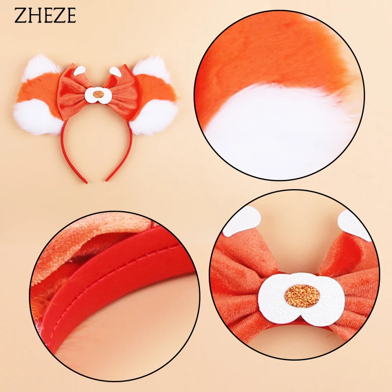 Chic Design Plush Mouse Ears Headband For Girls Turning Red Character Hairband 5" Velvet Bow Party Cosplay Hair Accessories