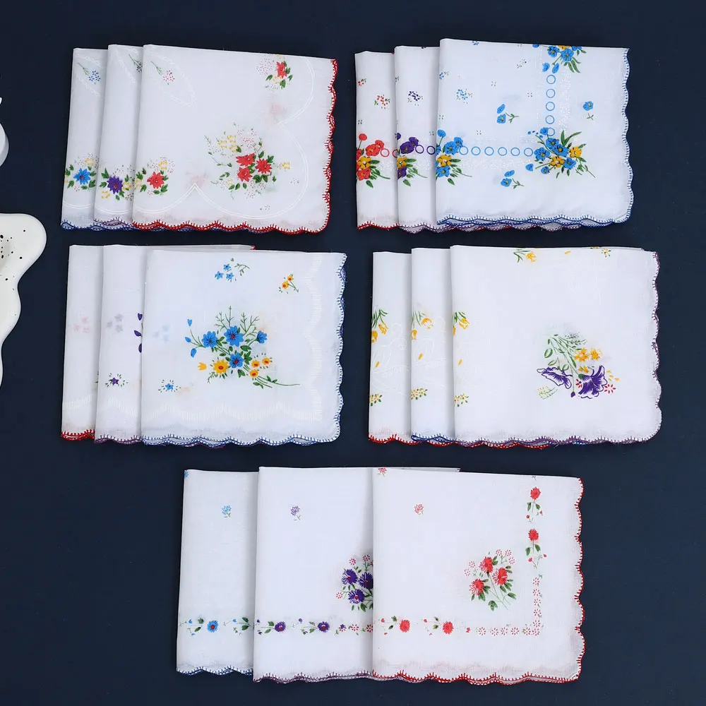 6 Pack of Women's Classic Tooth Edge Handkerchiefs, Cotton Flower Handkerchiefs, Sweat-Wiping Flap Pocket Pants Towels, Placemats, Wedding Supplies