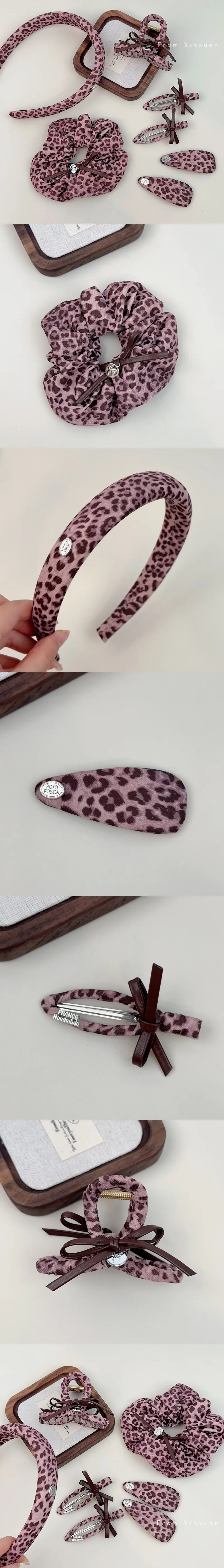 Sexy Pink Leopard Print Headband Hairclips Scrunchies High Quality Pink Purple PU Leather Leopard Hair Ties Barrettes Hair Claws