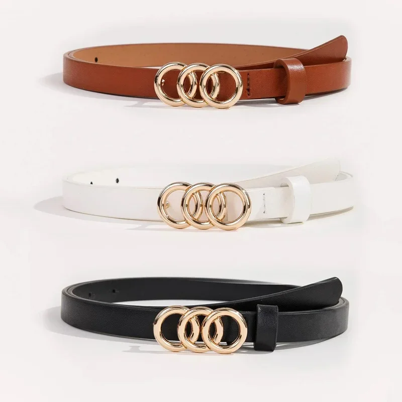 1pcs set Triple Rings Buckle Belt Classic PU Leather Thin Belt Casual Pin Buckle Waist Bands For Pants Jeans Dress