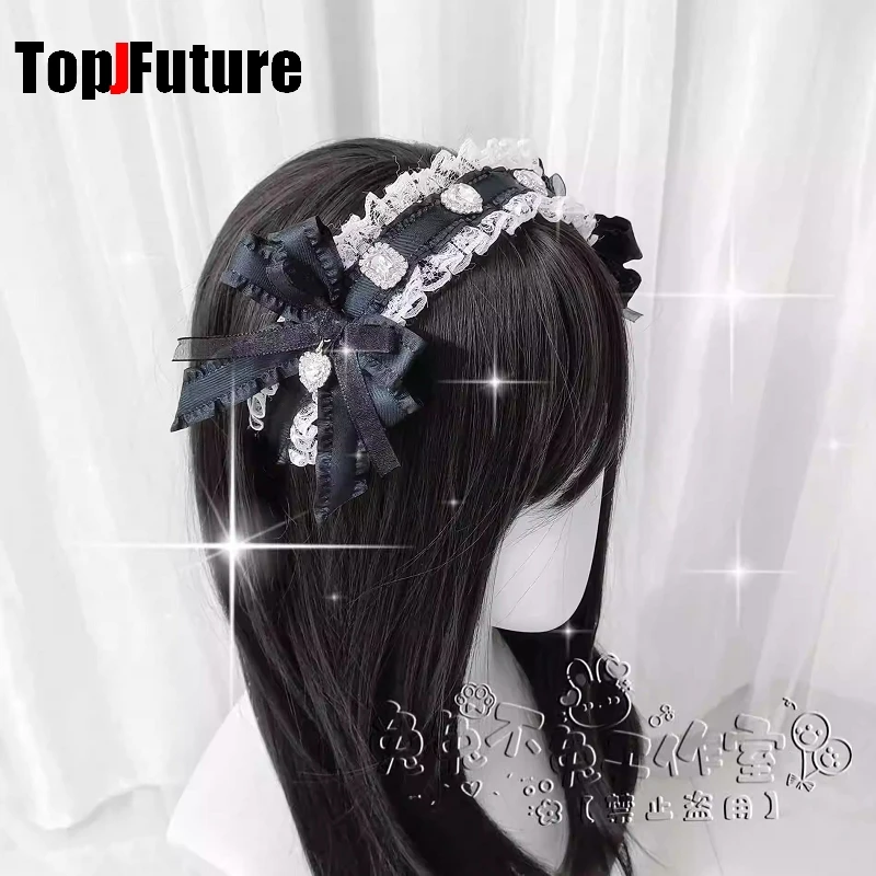 Subculture Y2K Girl Women's Harajuku Steampunk Gothic Lolita Punk Lace Diamond Bow Lace Ruffle Headband Hair Bands Barrettes
