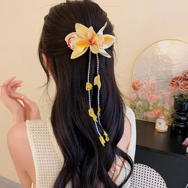 Yellow Fabric Flower Hairpins for Women Glass Beads Petal Tassel Spring Clips Sweet Romantic Hairgrips Holiday Hair Accessories