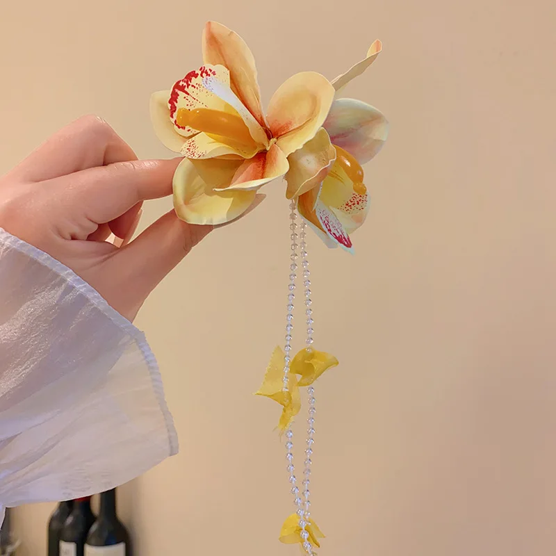 Yellow Fabric Flower Hairpins for Women Glass Beads Petal Tassel Spring Clips Sweet Romantic Hairgrips Holiday Hair Accessories