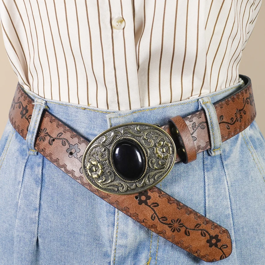 Retro Court Style Black Turquoise Inlaid Women's Belt, Western Denim Style, Niche Women's Belt, Carved Black Gemstone Belt