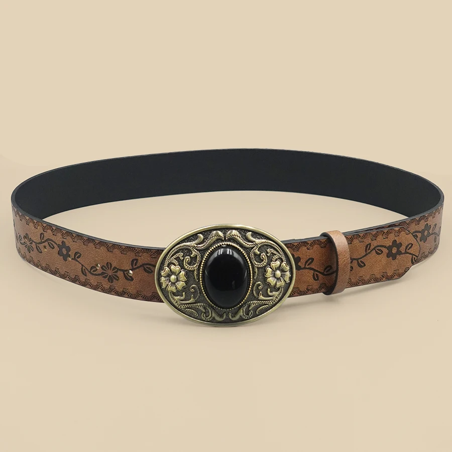 Retro Court Style Black Turquoise Inlaid Women's Belt, Western Denim Style, Niche Women's Belt, Carved Black Gemstone Belt