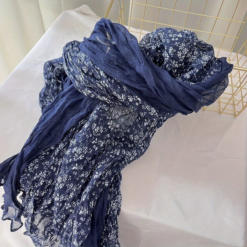 Autumn/Winter New Retro Literary Pleated Thin Versatile Scarf with Small Floral Print