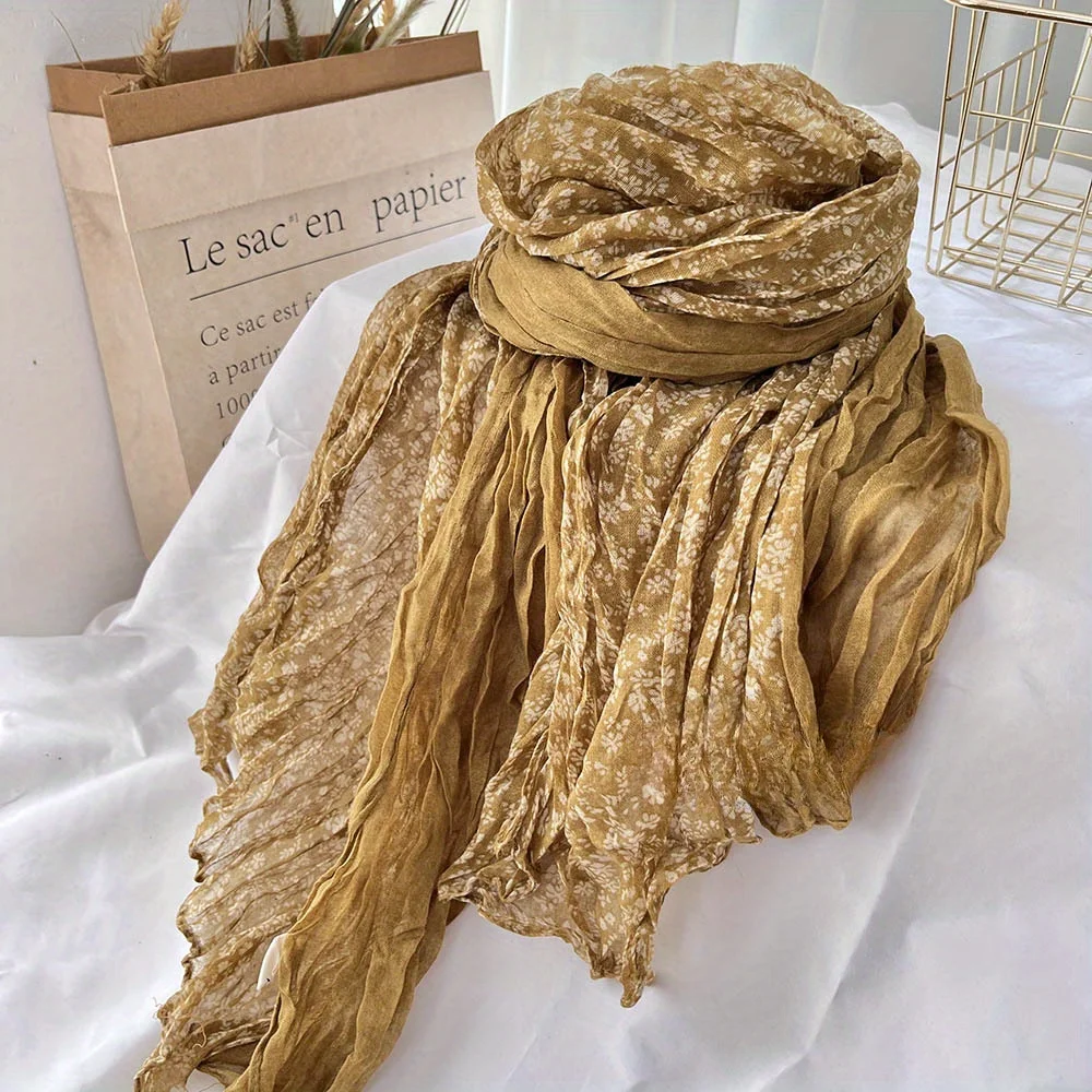 Autumn/Winter New Retro Literary Pleated Thin Versatile Scarf with Small Floral Print