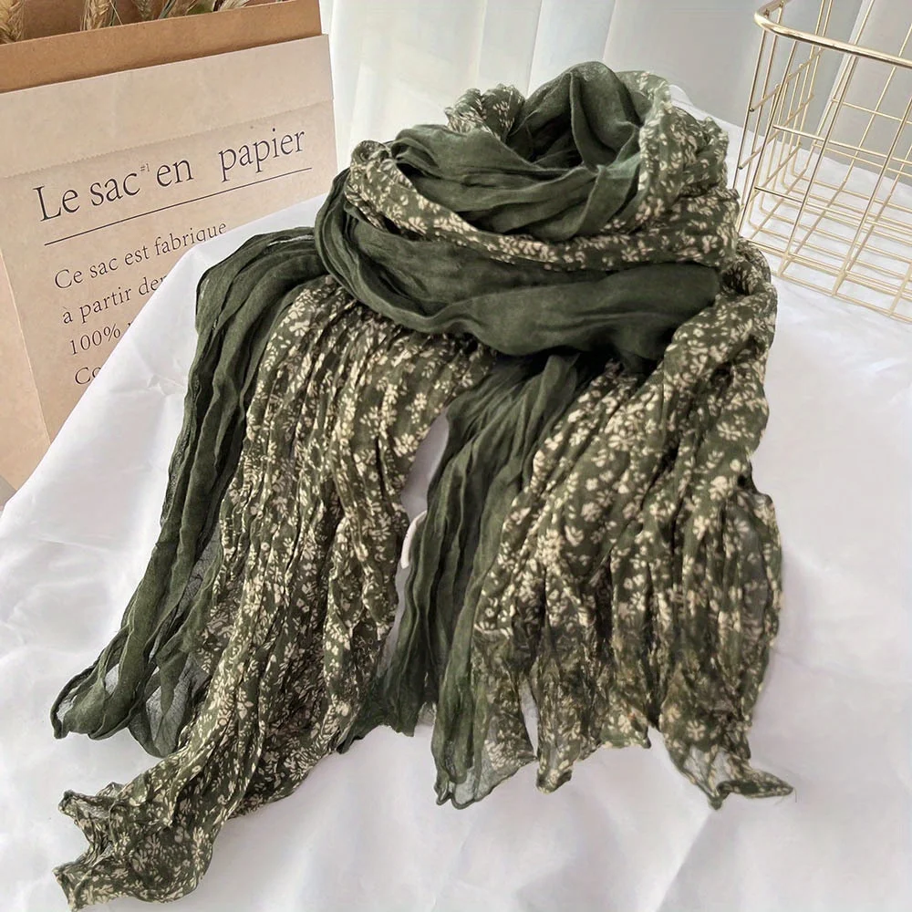 Autumn/Winter New Retro Literary Pleated Thin Versatile Scarf with Small Floral Print