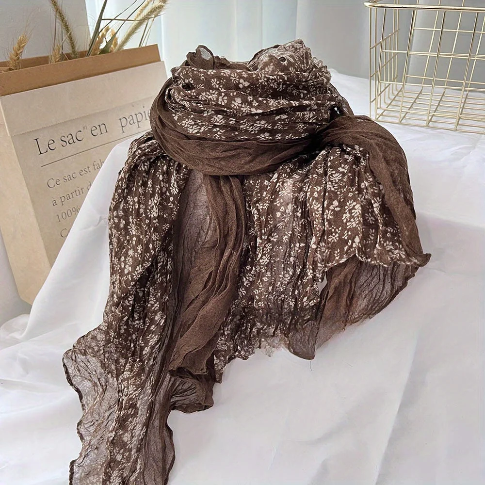 Autumn/Winter New Retro Literary Pleated Thin Versatile Scarf with Small Floral Print