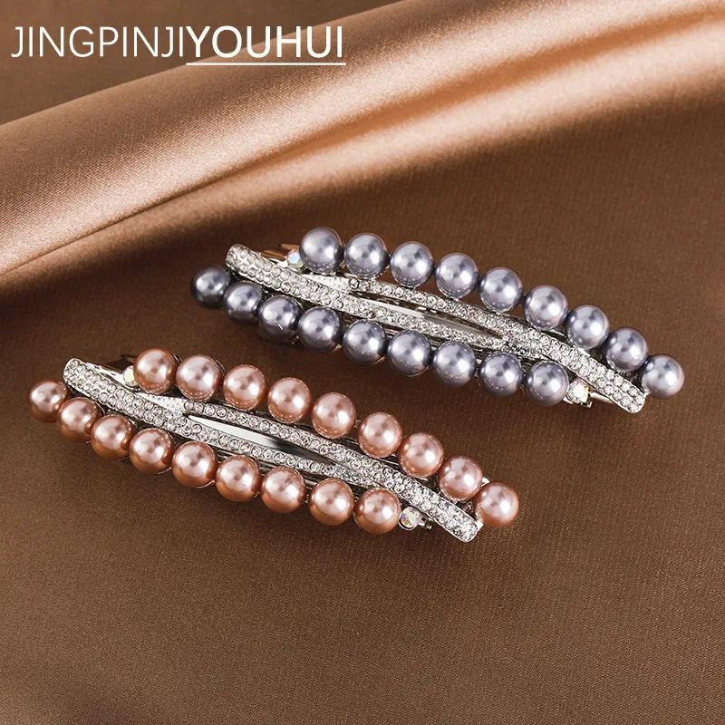 New color double row imitation pearl spring clip vintage zircon boutique horizontal clip elegant mother fashion hair accessories