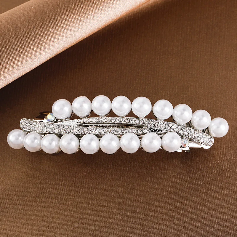 New color double row imitation pearl spring clip vintage zircon boutique horizontal clip elegant mother fashion hair accessories